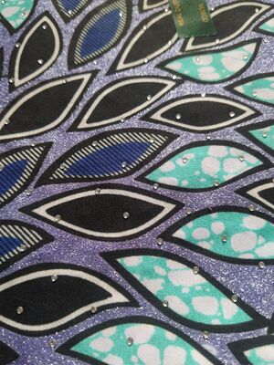 African Wax Print Fabric with Hot-fix Rhinestones – 91% Cotton 9% Spandex, High Wrinkle Resistance, Excellent Elastic Recovery