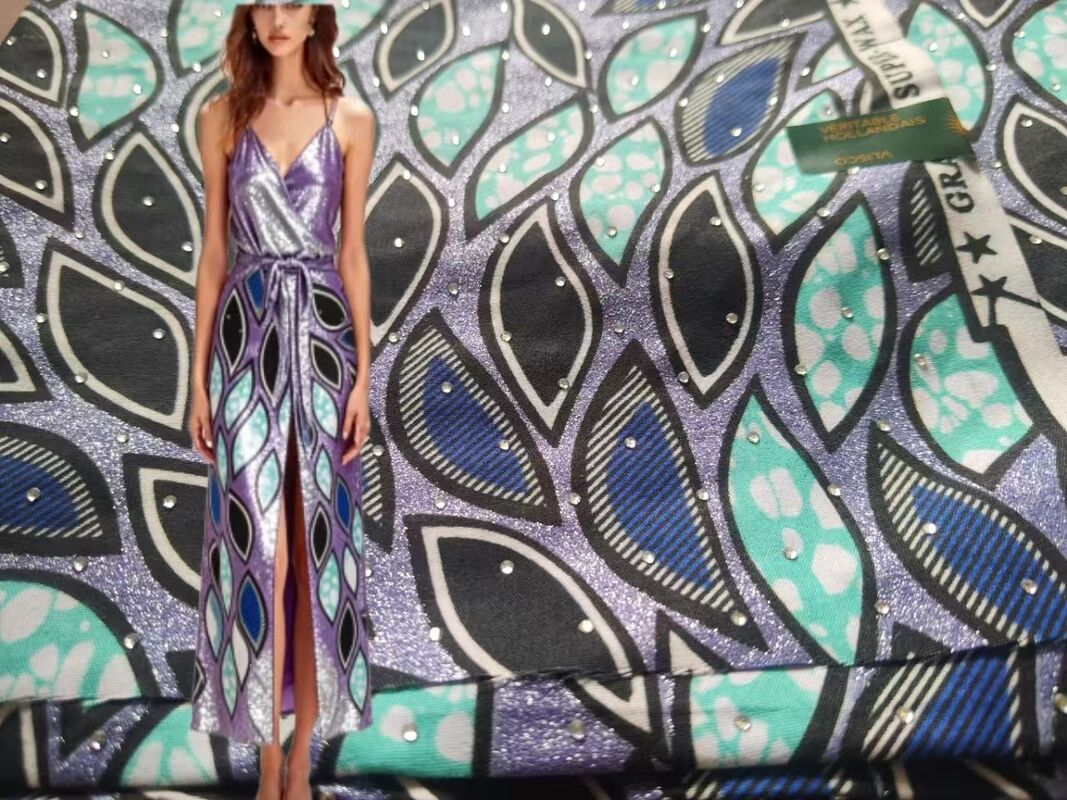 African Wax Print Fabric with Hot-fix Rhinestones – 91% Cotton 9% Spandex, High Wrinkle Resistance, Excellent Elastic Recovery